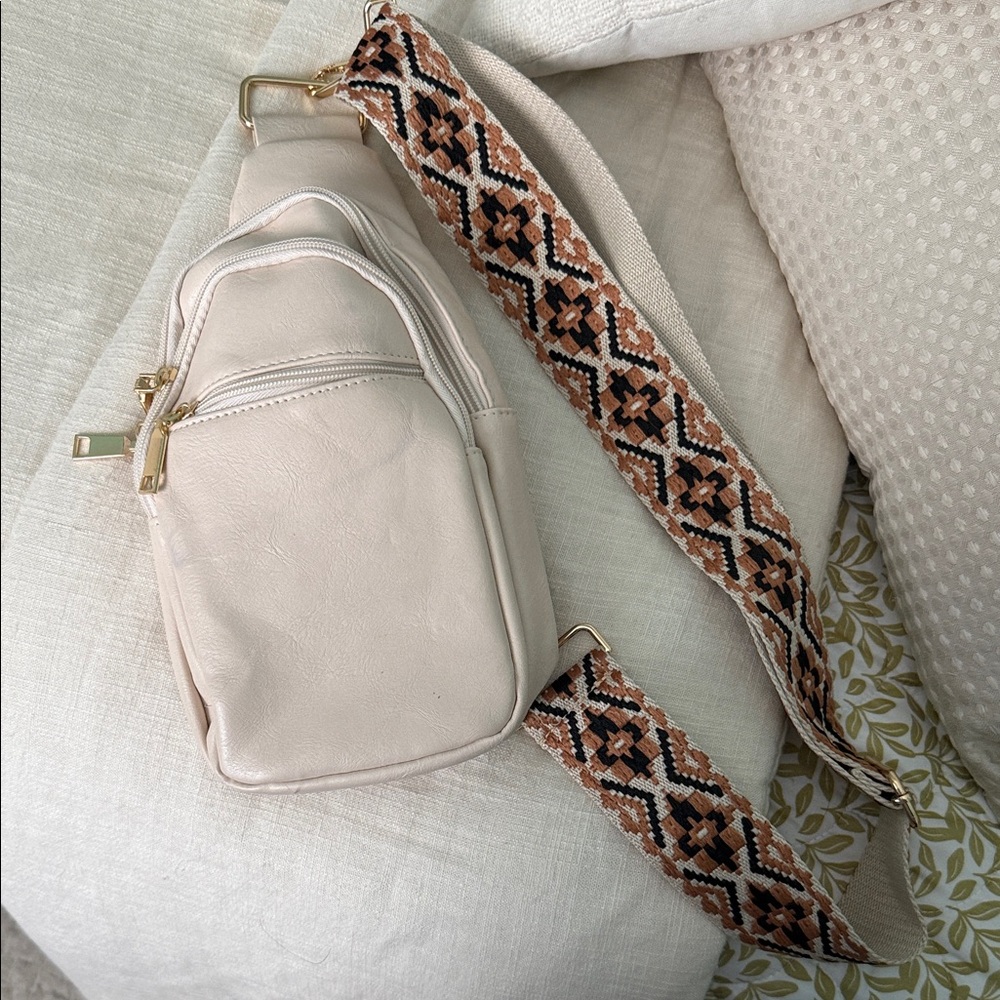 Stylish Cream Crossbody Bag with Patterned Strap